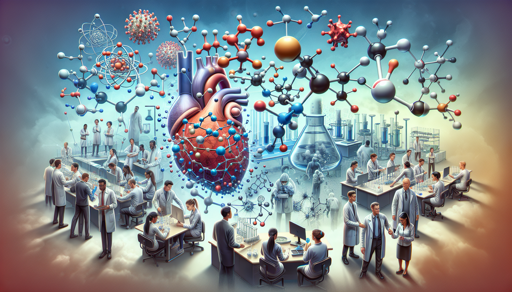 A detailed and vivid visualization of life in a hypothetical research institution focused on nitric oxide studies, such as an exploratory depiction of laboratory settings, researchers - men and women