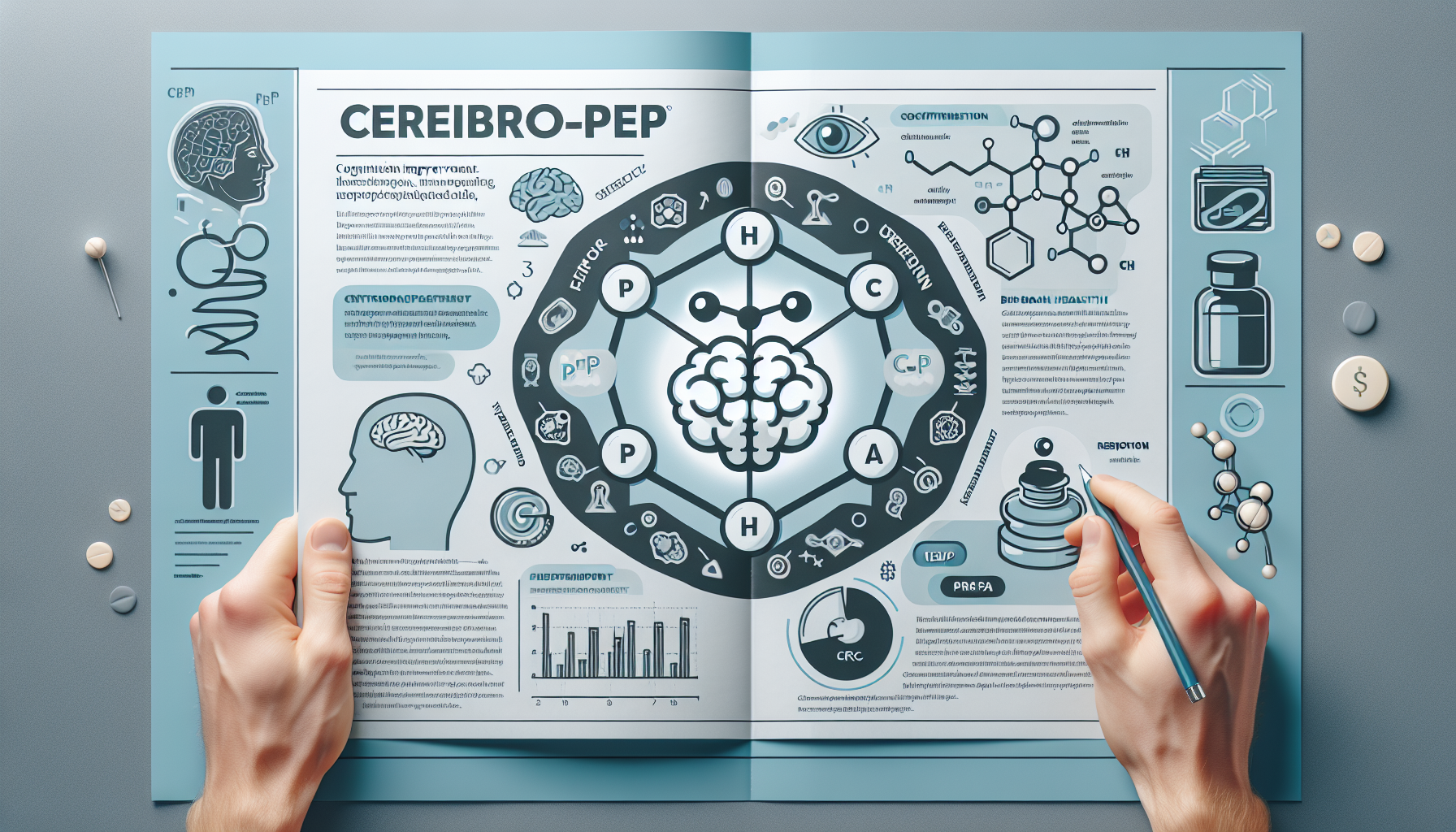 An illustration highlighting the benefits of integrative peptides. The focus should be on a molecule named CerebroPep. It may be surrounded by symbols or illustrations that denote brain health, cognit