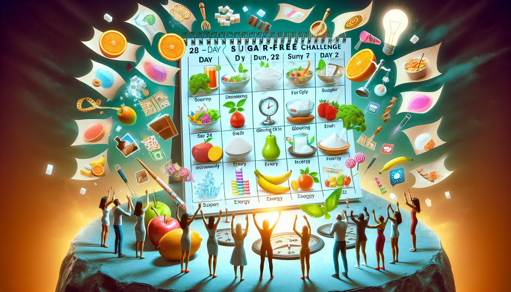 Imagine a scene for a 28-Day Sugar-Free Challenge. The center of the image is a big, vibrant, and clear calendar with each day marked from 1 to 28. The calendar pages are fluttering as if blown by a b