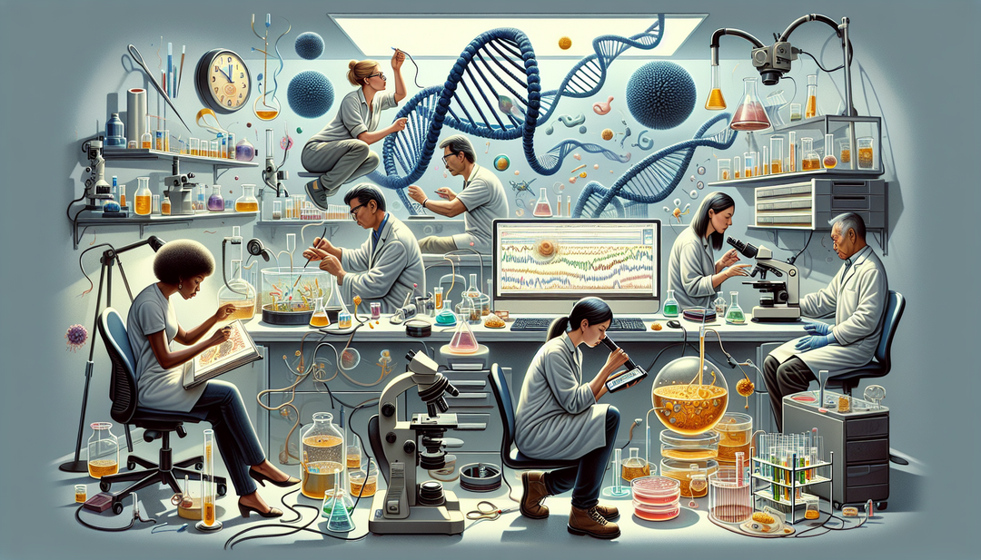 An illustrative depiction of the concept of Biohacking, showcasing the transformative power of Do-It-Yourself Biology. The scene unfolds inside a meticulously organized home laboratory. A diverse grou