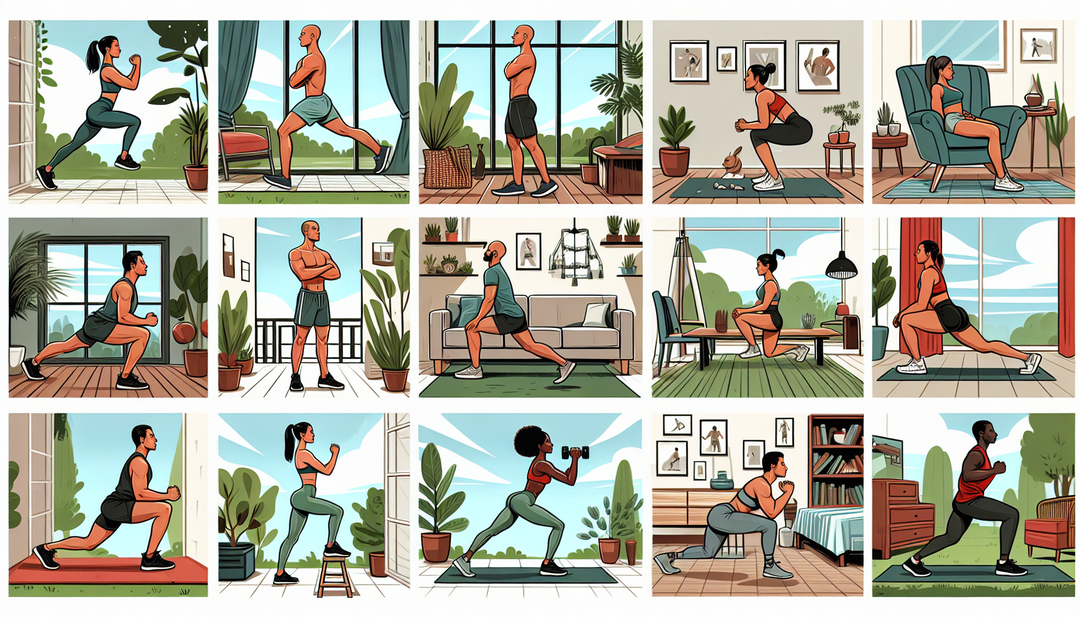 Illustrate a series of ten distinctly different and simple glute exercises designed for a home workout. 1) A tall Caucasian man doing squats in his backyard. 2) A relaxed Black woman performing lunges