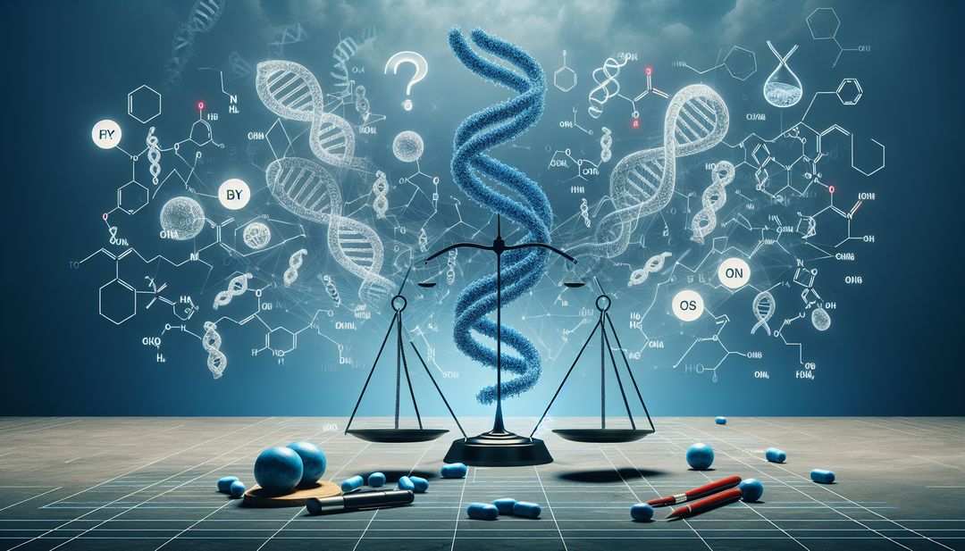 An image showcasing an abstract concept of unraveling the weight mystery through integrative peptides. Depict several symbolic elements such as peptides in a string format, a balance scale indicating 