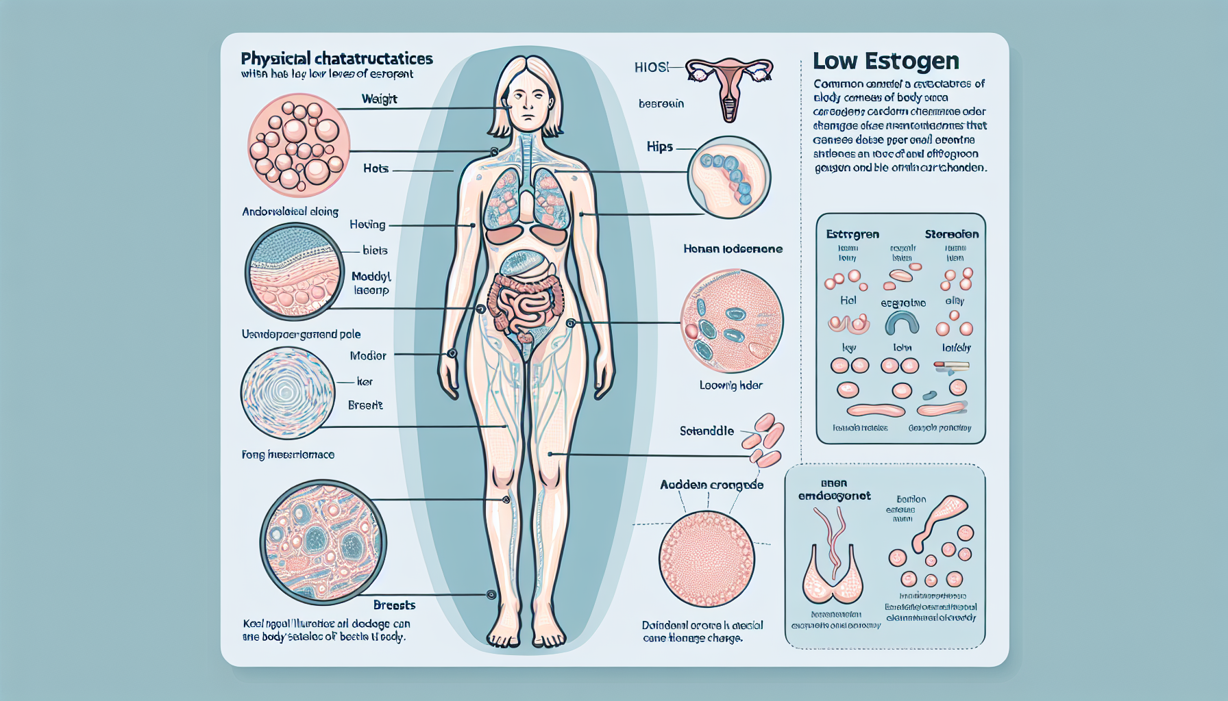 An informative image illustrating the physical characteristics often associated with a body type that has lower levels of estrogen. Include a diagram of a human body highlighting areas such as the wai