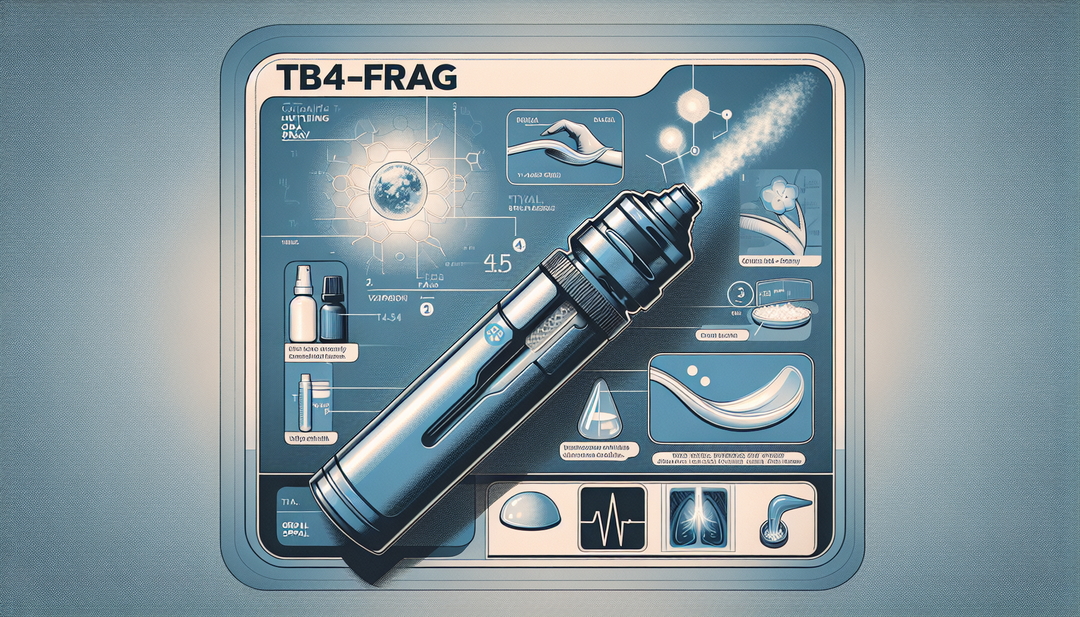 An illustration of a cutting-edge oral spray product labeled 'TB4-FRAG'. The product is shown against a clinical backdrop, with a shining metallic nozzle and vapor mist indicating its function. It app