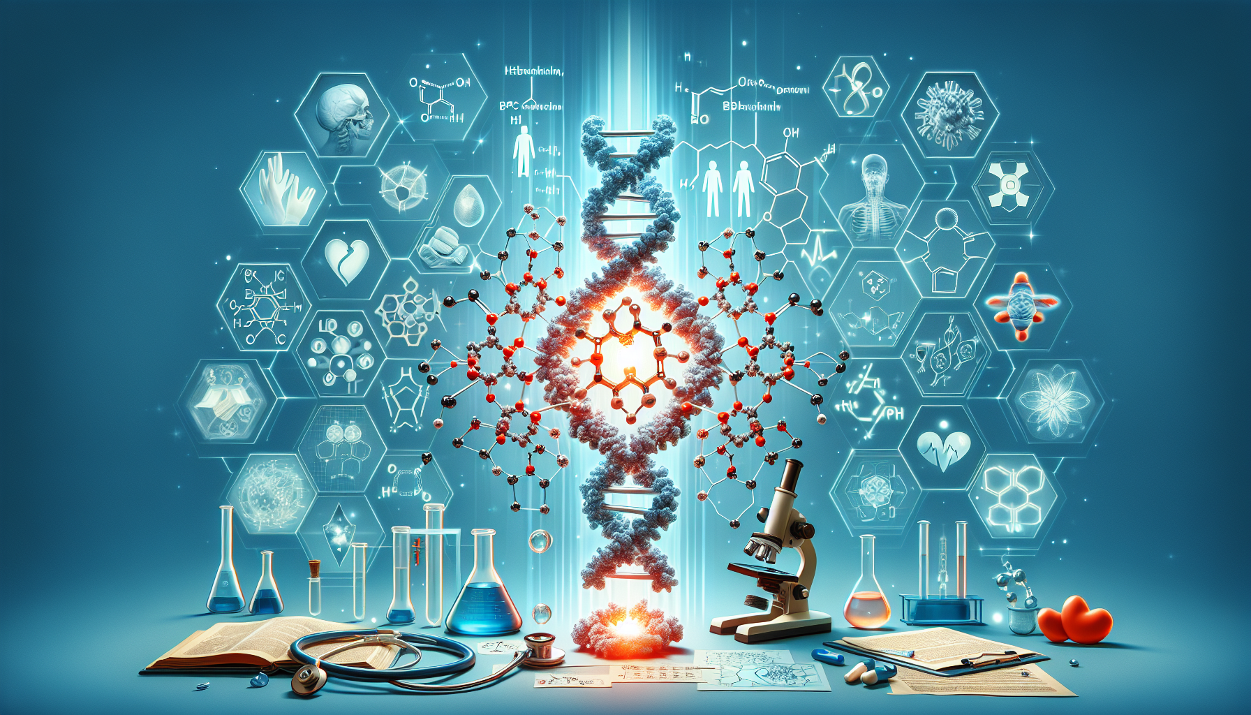 Visualize the concept of exploring the healing potential of a versatile peptide named BPC-157-CUR-PRM. Display the peptide structure of BPC-157-CUR-PRM as central focus. Surround it with symbolic elem