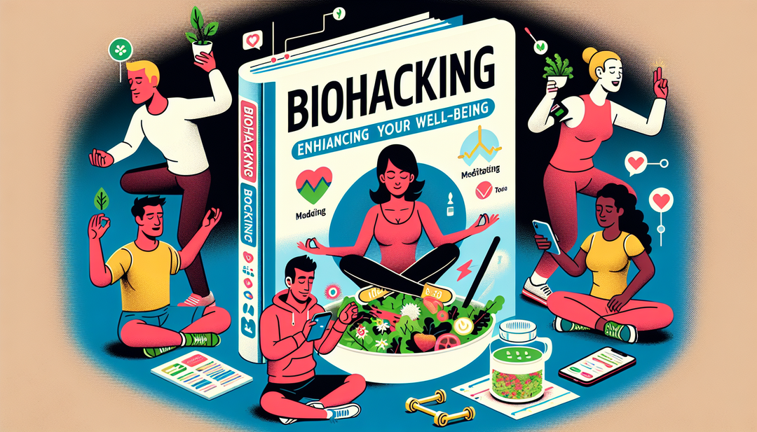 A visual representation of a local guidebook titled 'Biohacking: Enhancing Your Well-Being.' The cover of the book showcases a diverse array of people partaking in various activities representing bioh