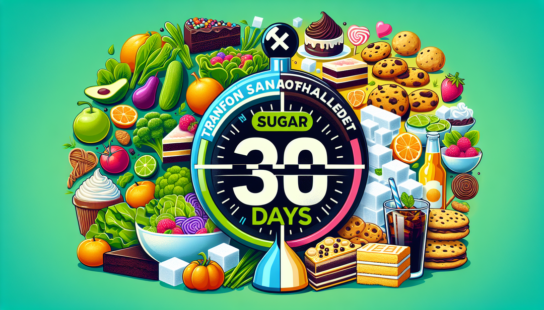 An attention grabbing image that represents a '30-Day No Sugar Challenge: Transform Your Diet' theme. This includes a healthy, vibrant salad with various greens and veggies on one half, and sugary foo