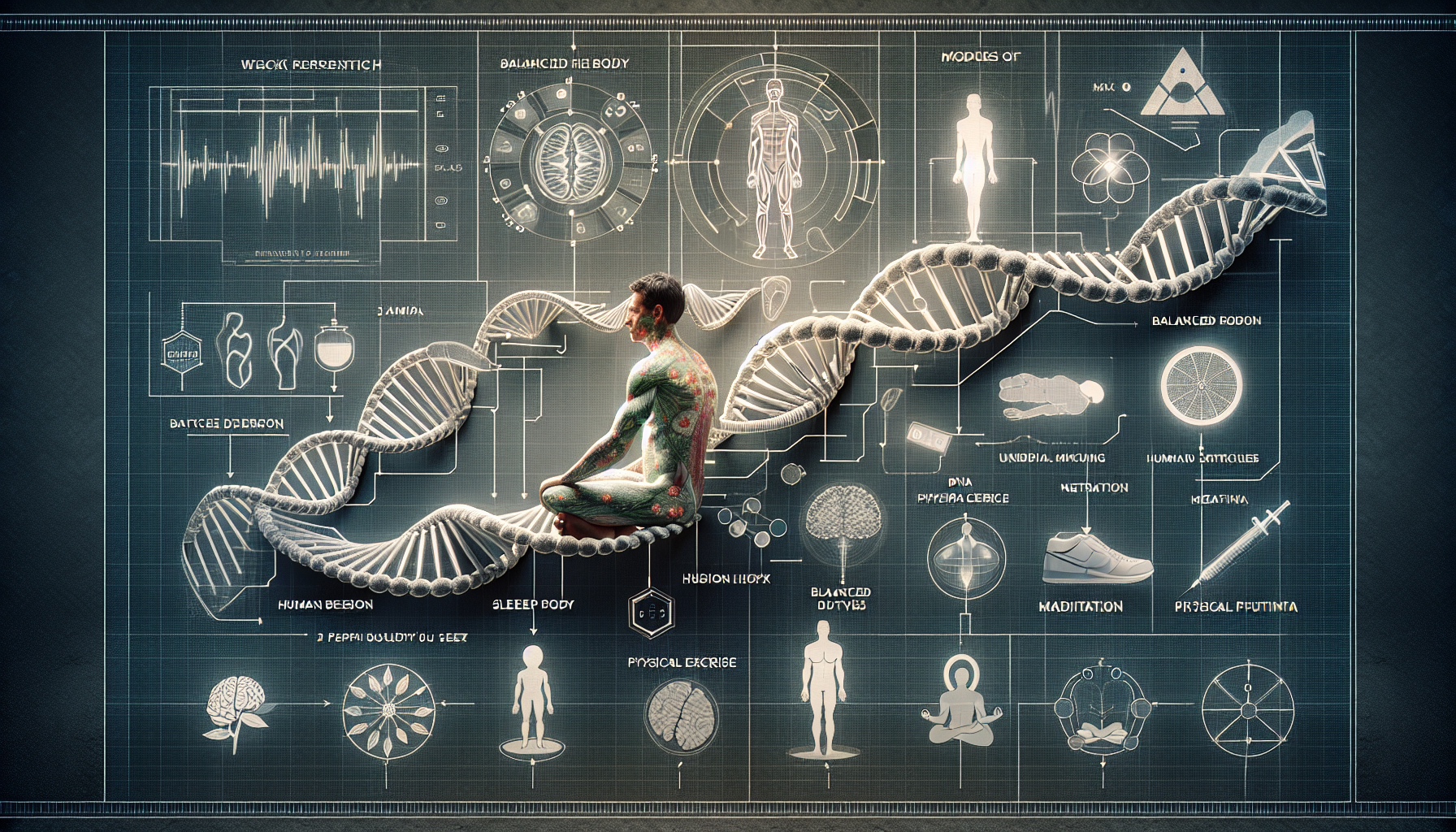 A detailed display that represents the essentials of Biohacking for unlocking Vitality. The visualization includes various elements such as, the double helix structure of DNA, a blueprint of human bod