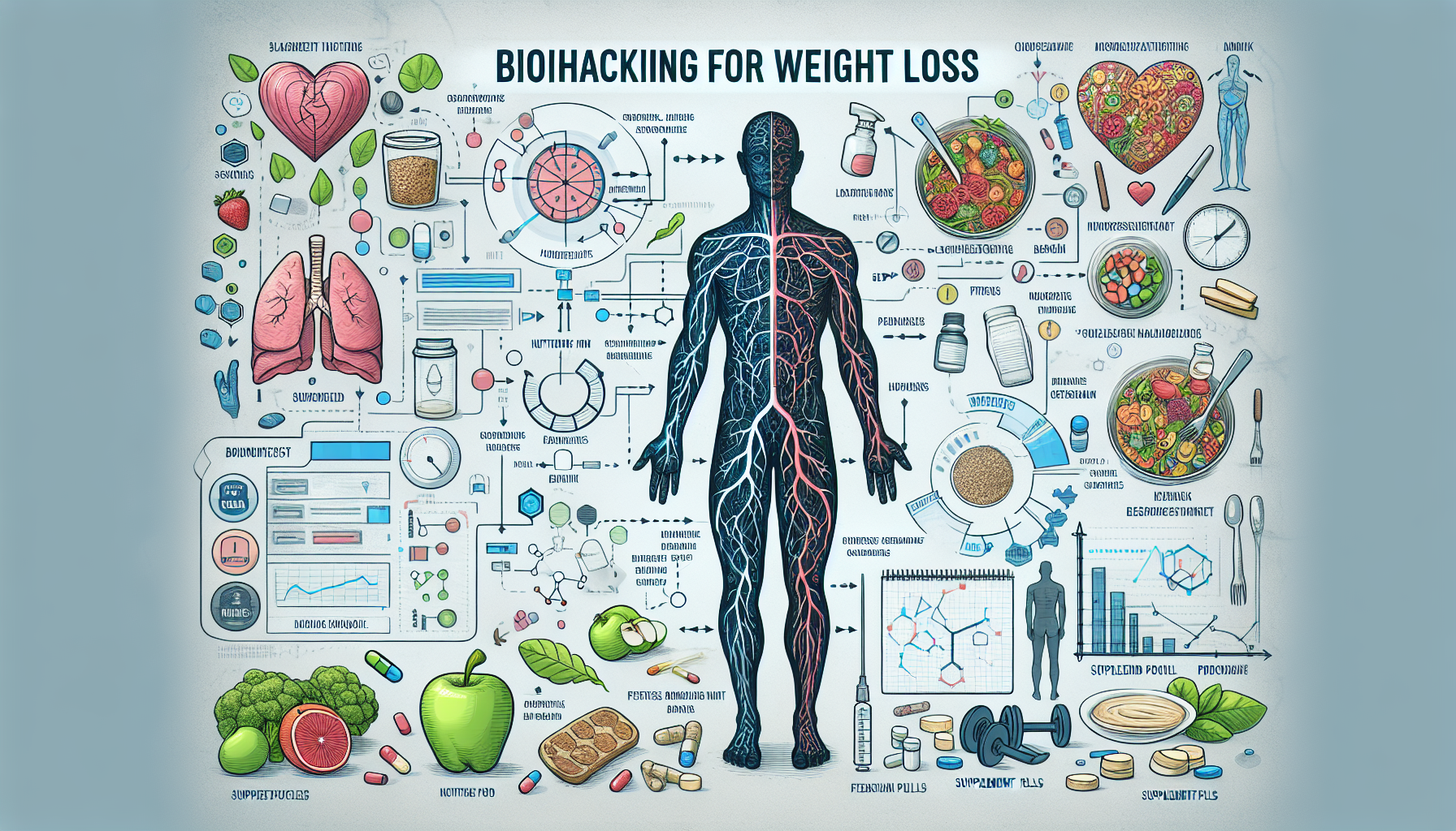 A conceptual representation of biohacking for weight loss. Imagine a visual guide, featuring simple, comprehensible illustrations. One portion might depict a human body with various systems like the c