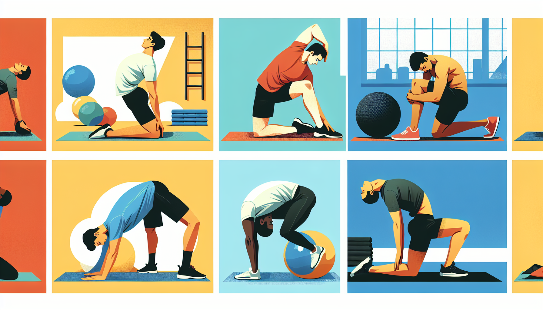 Illustration of four different back stretching exercises being done by men of various descents. One Caucasian man doing a Cat-Cow stretch on a Yoga mat, a South Asian man performing a child's pose on 