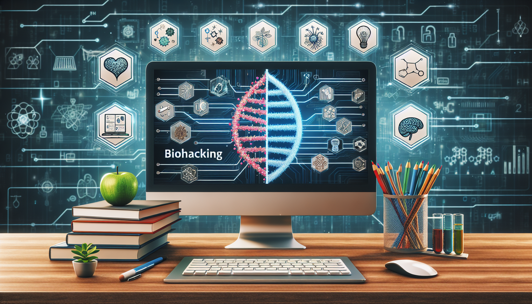 An image representing an online course on biohacking. Imagery to include a welcoming, modern digital classroom setting, with key educational elements like a progressive course outline visible on a com