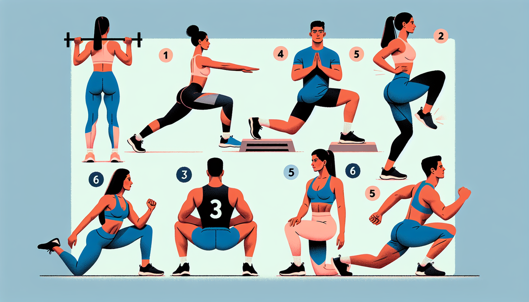 Illustration of 5 essential glute exercises designed for beginners. 1. Show a South Asian woman performing squats. 2. Illustration of a Middle-Eastern man doing glute bridges. 3. Depict a Caucasian wo