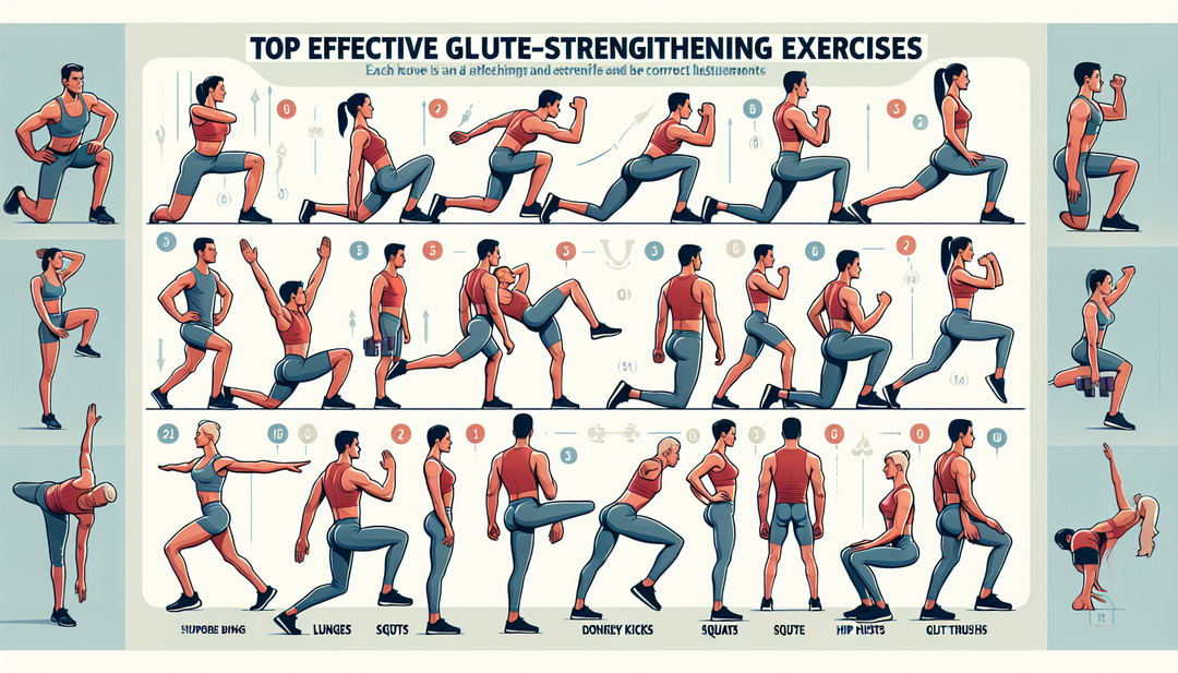 An instructional diagram showcasing top effective glute-strengthening exercises. It focuses on a set of exercises that are known to target and strengthen the glute muscles. Each exercise should be dis