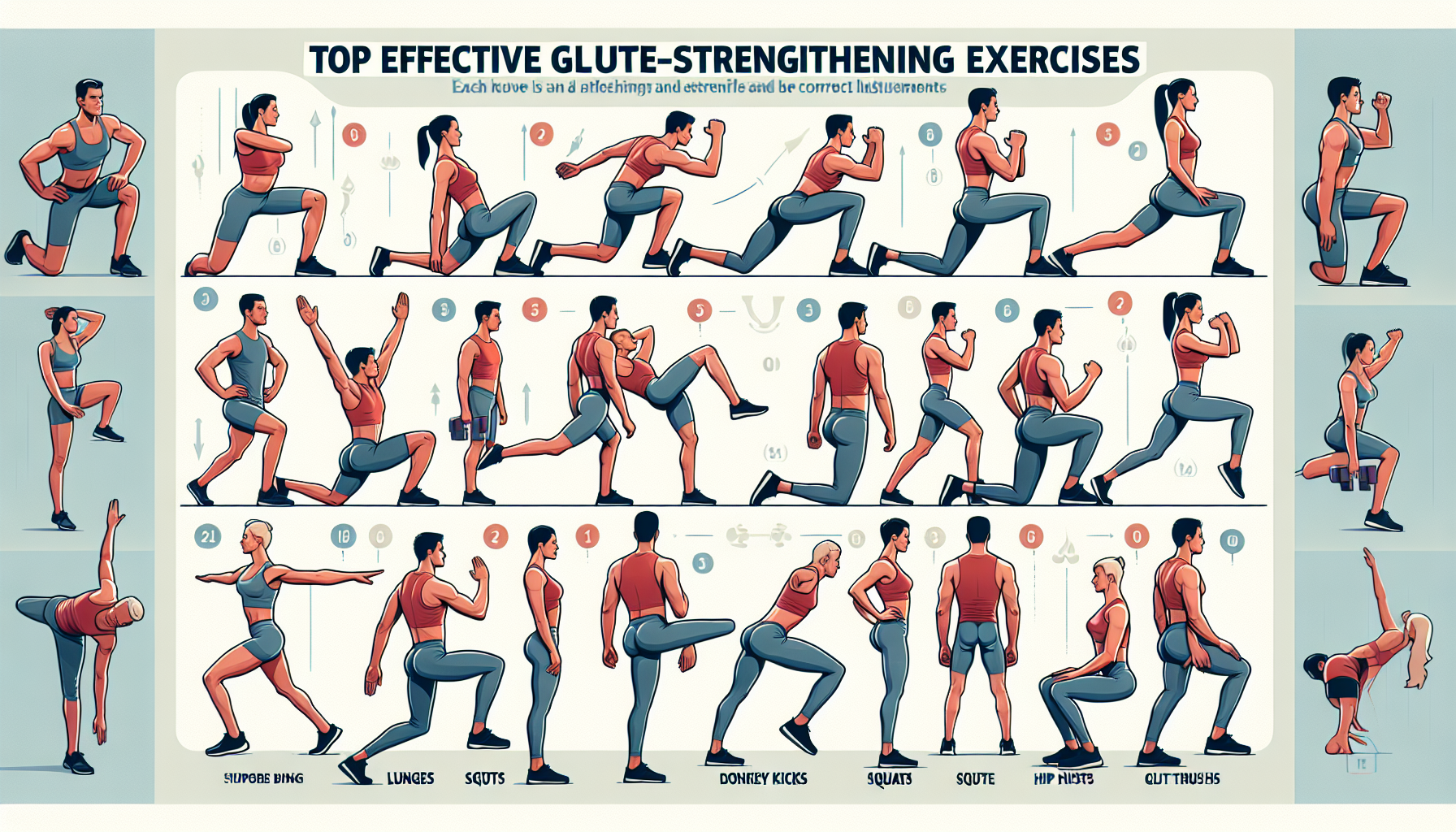 An instructional diagram showcasing top effective glute-strengthening exercises. It focuses on a set of exercises that are known to target and strengthen the glute muscles. Each exercise should be dis