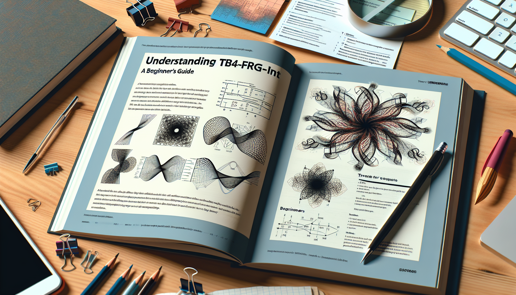 Create an image representing a beginner's guide to understanding TB4-FRG-INT. The image should depict a textbook open to a page containing diagrams and text about TB4-FRG-INT. The diagrams should incl