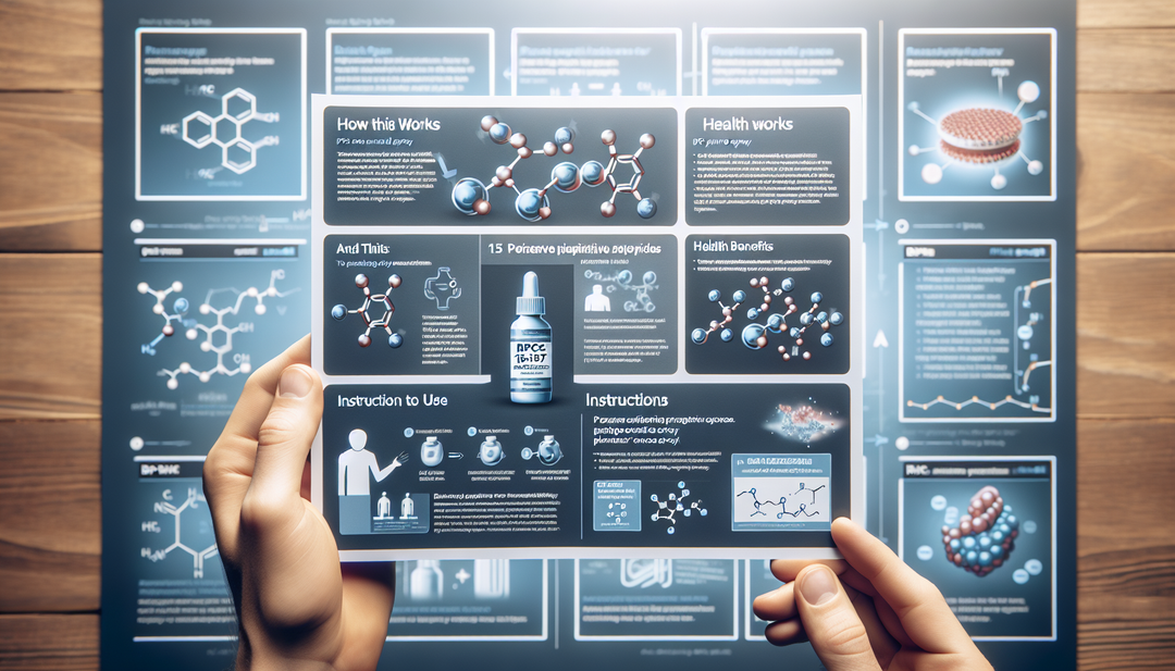 A visual guide showing the benefits of BPC-157 Pure Oral Spray. The guide features detailed panels which cover topics such as how the spray works, the potential health benefits it provides, and instru