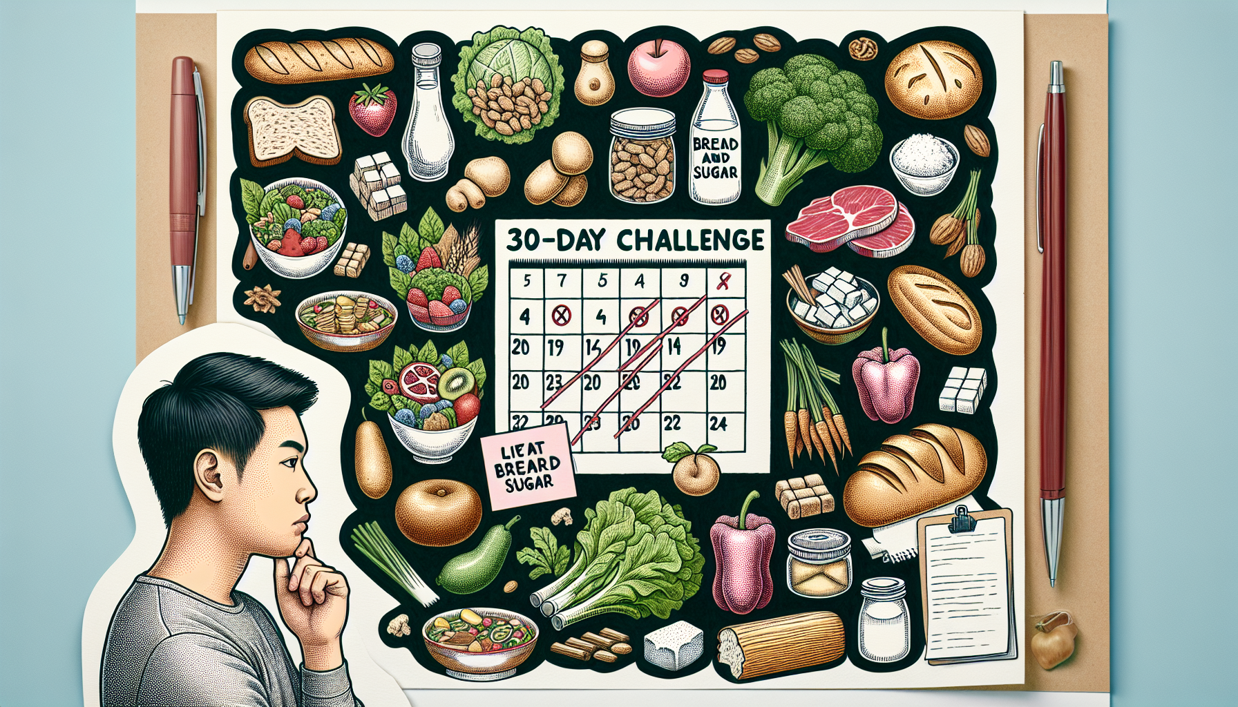 An image illustrating a 30-day challenge dedicated to living without bread and sugar. Depict a marked calendar surrounded by a variety of wholesome and healthy food choices such as vegetables, fruits,