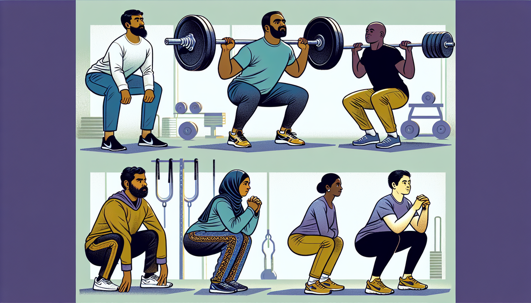 Illustrate a series of top glute-building workouts for optimum results. The frame should include South Asian male demonstrating deadlifts, A Black female doing hip thrusts, White male performing squat