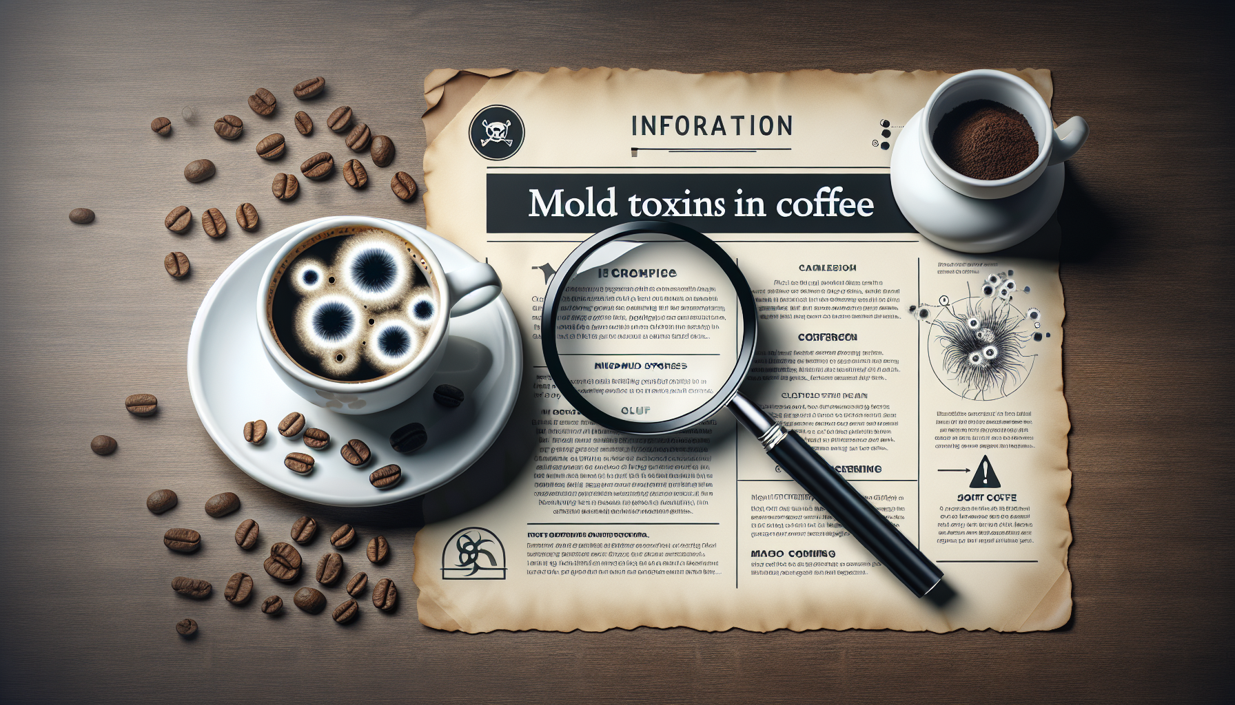 An informative image that visually represents the concept of mold toxins in coffee. The image should include a cup of coffee and visibly grow mold spores. Besides, it should contain depiction of a mag