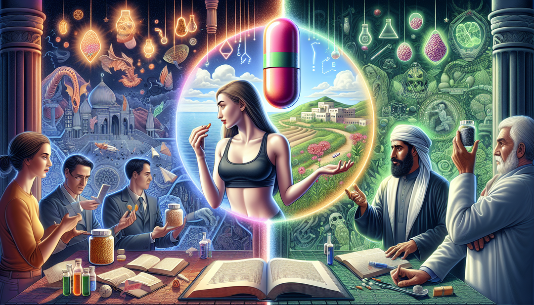 A detailed illustration conceptualizing the narrative around a 'Magic Pill Diet'. The image should depict a fantasy-like setting with a visual balance of real and imagined elements. Show a Caucasian w