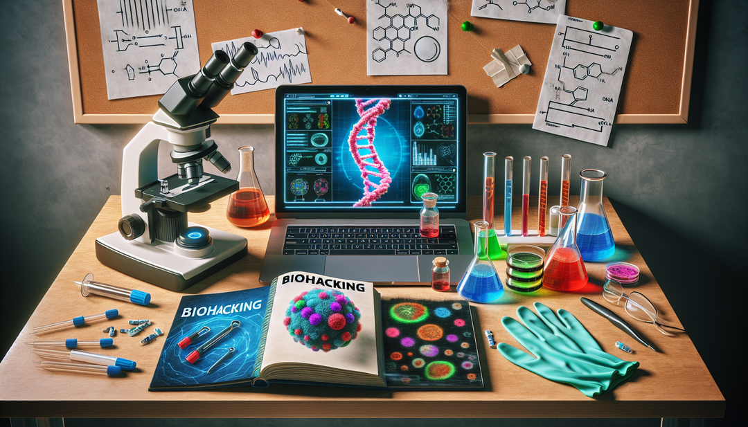 An image representing the concept of exploring a Biohacking Academy. There is an open book on a desk labeled 'Biohacking: A Beginner's Guide'. Next to the book, there's a microscope, a petri dish with