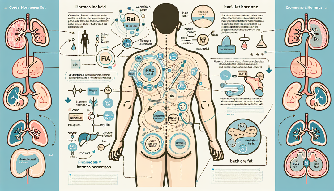 A detailed and informative illustration that explains the connection between hormones and back fat. The image should contain a human body anatomy chart showing the distribution of fat on the back. The