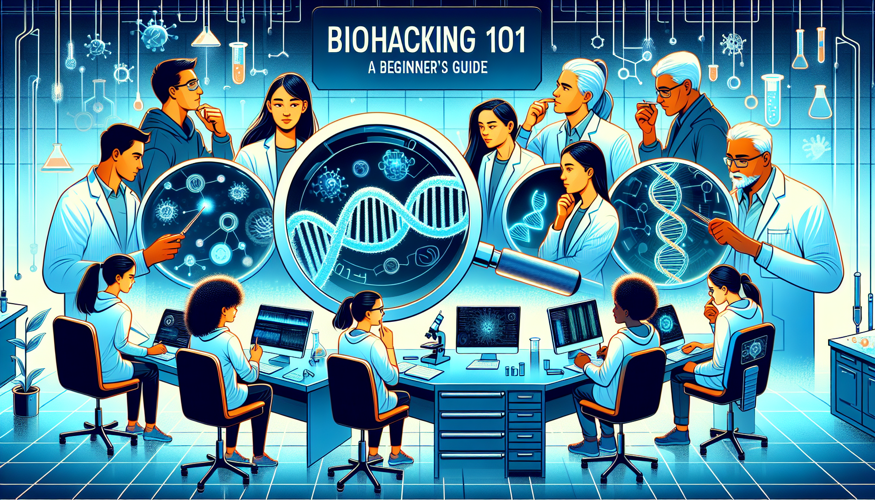 An illustration for a beginners guide to biohacking. The title 'Biohacking 101: A Beginner's Guide' is written in bold, innovative fonts at the top. Below, a gender-balanced group of diverse individua