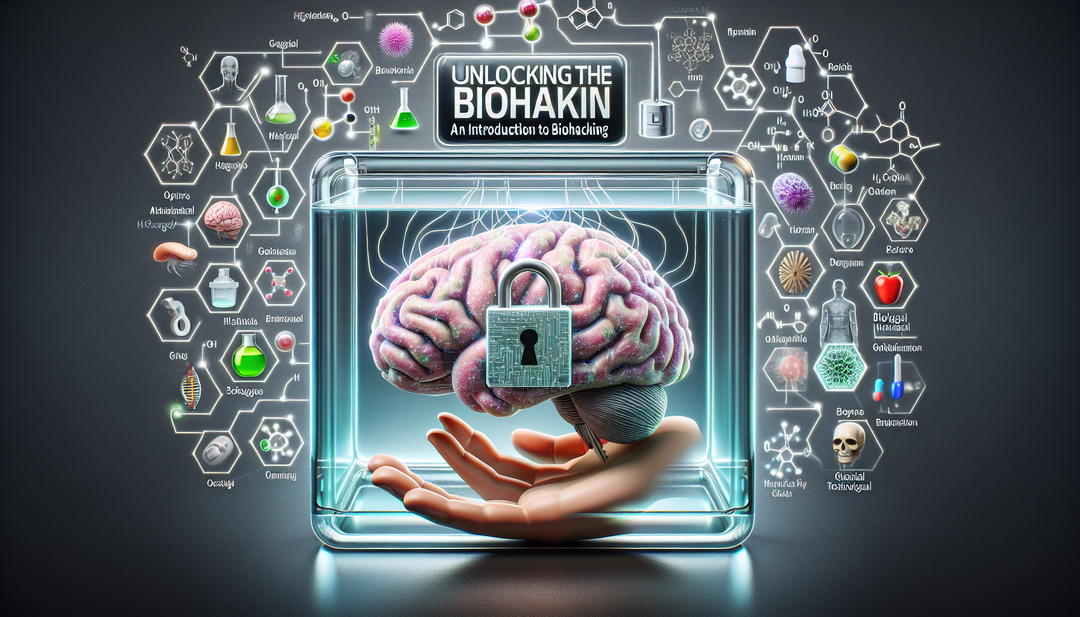 A conceptual representation of biohacking, depicting a lifelike brain enclosed securely with a digital lock mechanism on the front. Imagery indicating biological, chemical and technological elements i