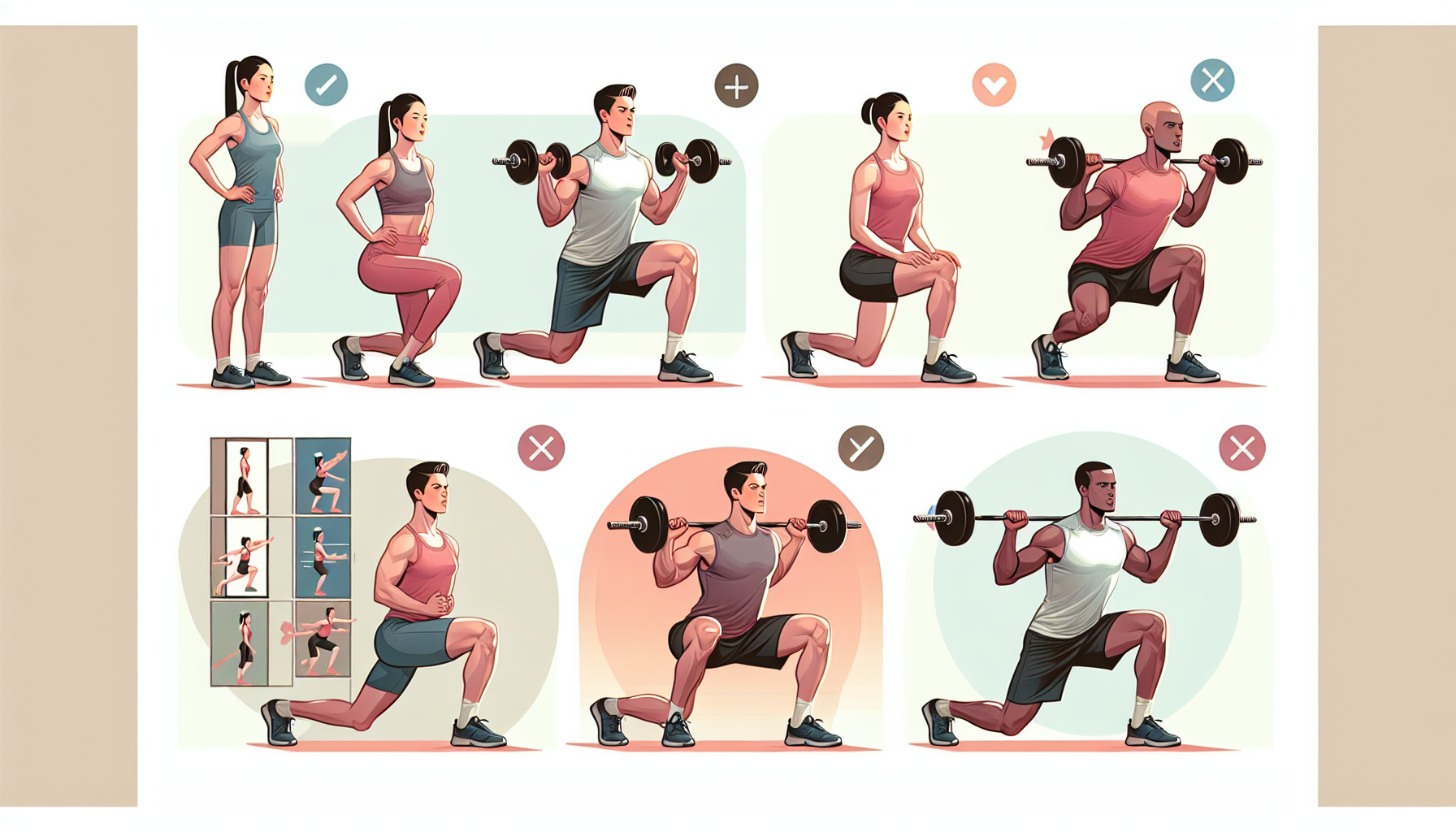 Illustrate a set of top exercises for building stronger glutes. The image should depict a light-skinned male doing squats with dumbbells and an Asian female doing lunges. Also, add a medium dark-skinn