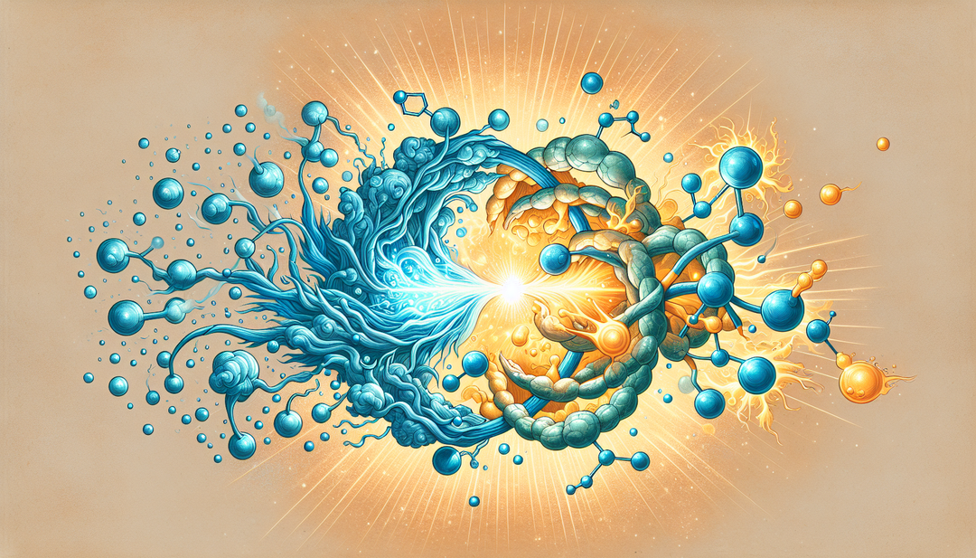 An illustrative depiction showing the fusion of two types of healing substances. The first one is BPC-157, pictured as a radiant, light-blue substance that carries an aura of remedial power. Its molec