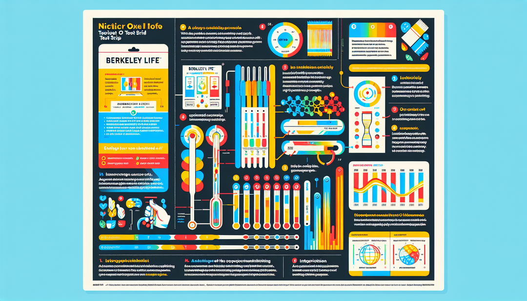 A detailed and educational infographic guide explaining the use and functionality of Berkeley Life Nitric Oxide Test Strips. The guide should start with a visualization of the test strip's packaging i