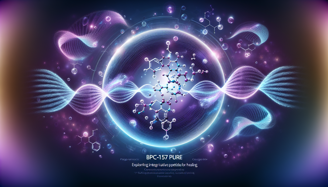 A scientific concept illustration for BPC-157 PURE: An integrative peptide used for healing purposes. Visualize a molecule structure representing the peptide, with flowing energy streams around it to 