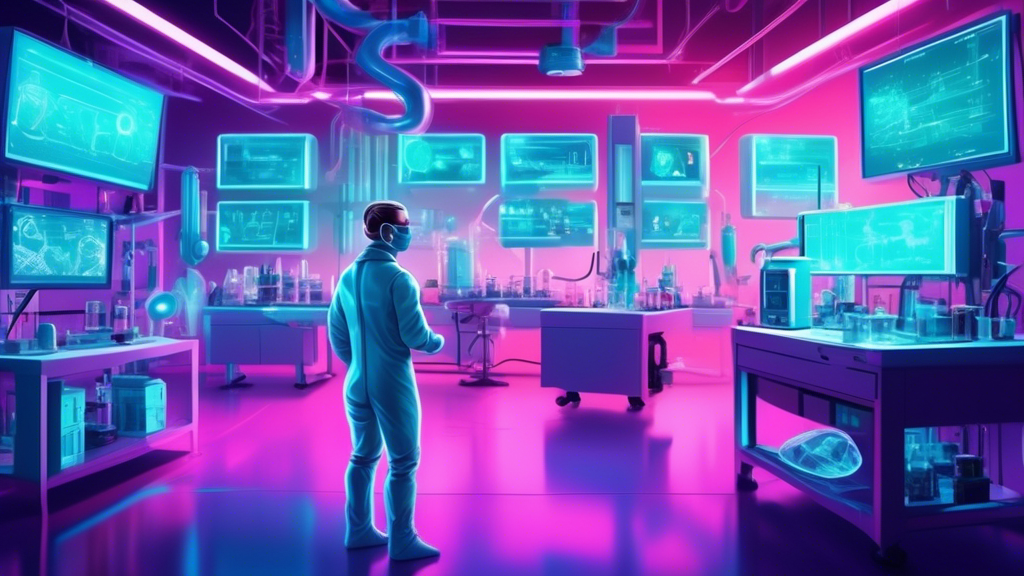 A futuristic lab with a person surrounded by advanced biotechnology equipment, actively engaging in biohacking techniques to enhance human capabilities, illustrated in a vibrant, digital style.